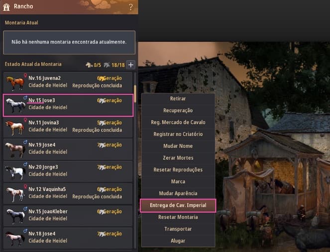 Menu do estábulo com a opção Entrega de Cavalo Imperial destacada