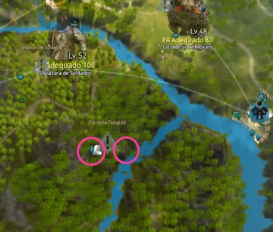 Mapa com dois locais para capturar cavalos circulados em rosa